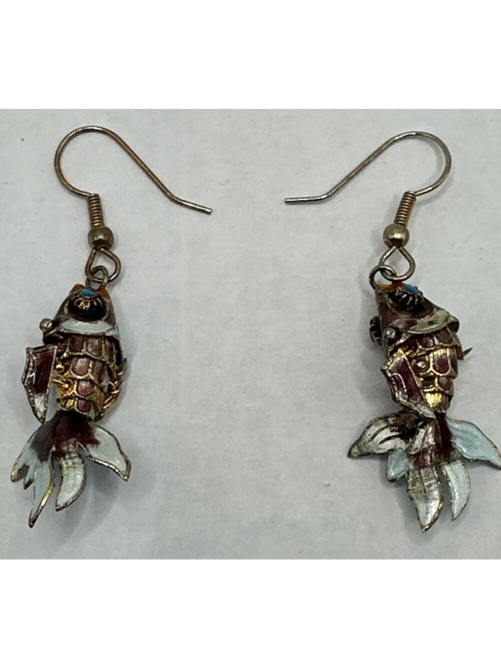Vintage Enamel Blue gold Tone Fish Earrings Chinese Cloisonné Earrings 2.25”